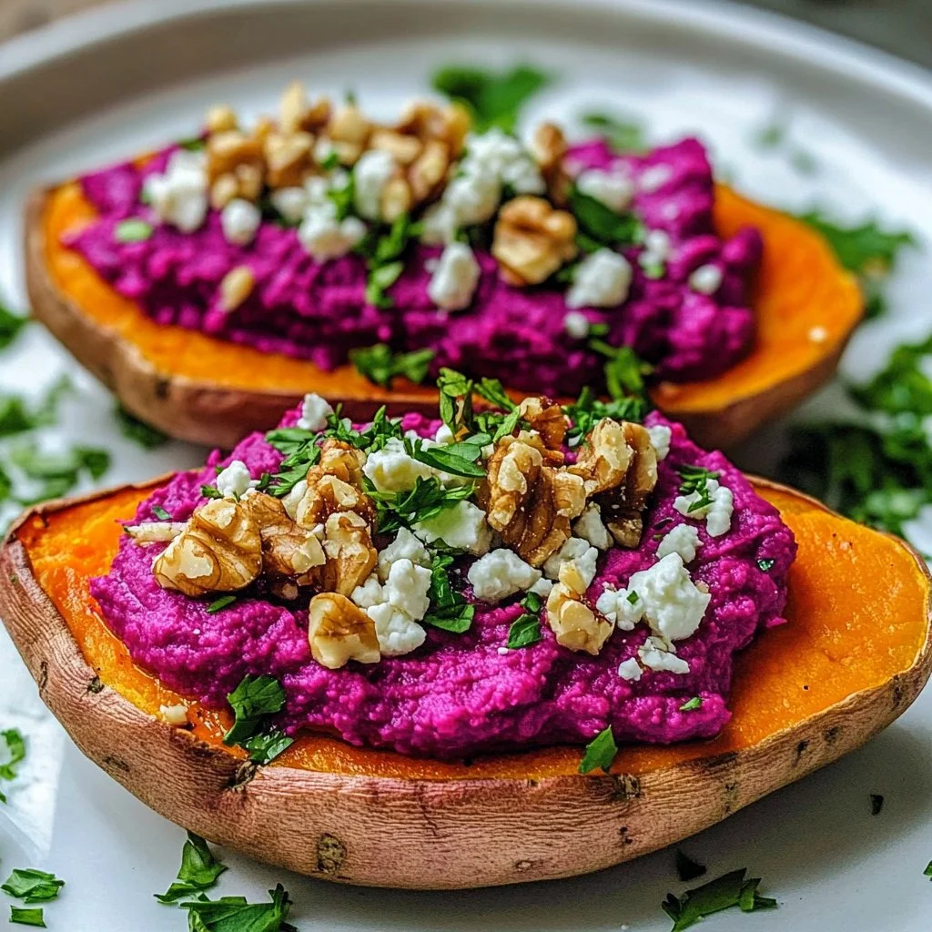 Stuffed Sweet Potato with Beet Hummus, Goat Cheese, and Toasted Walnuts