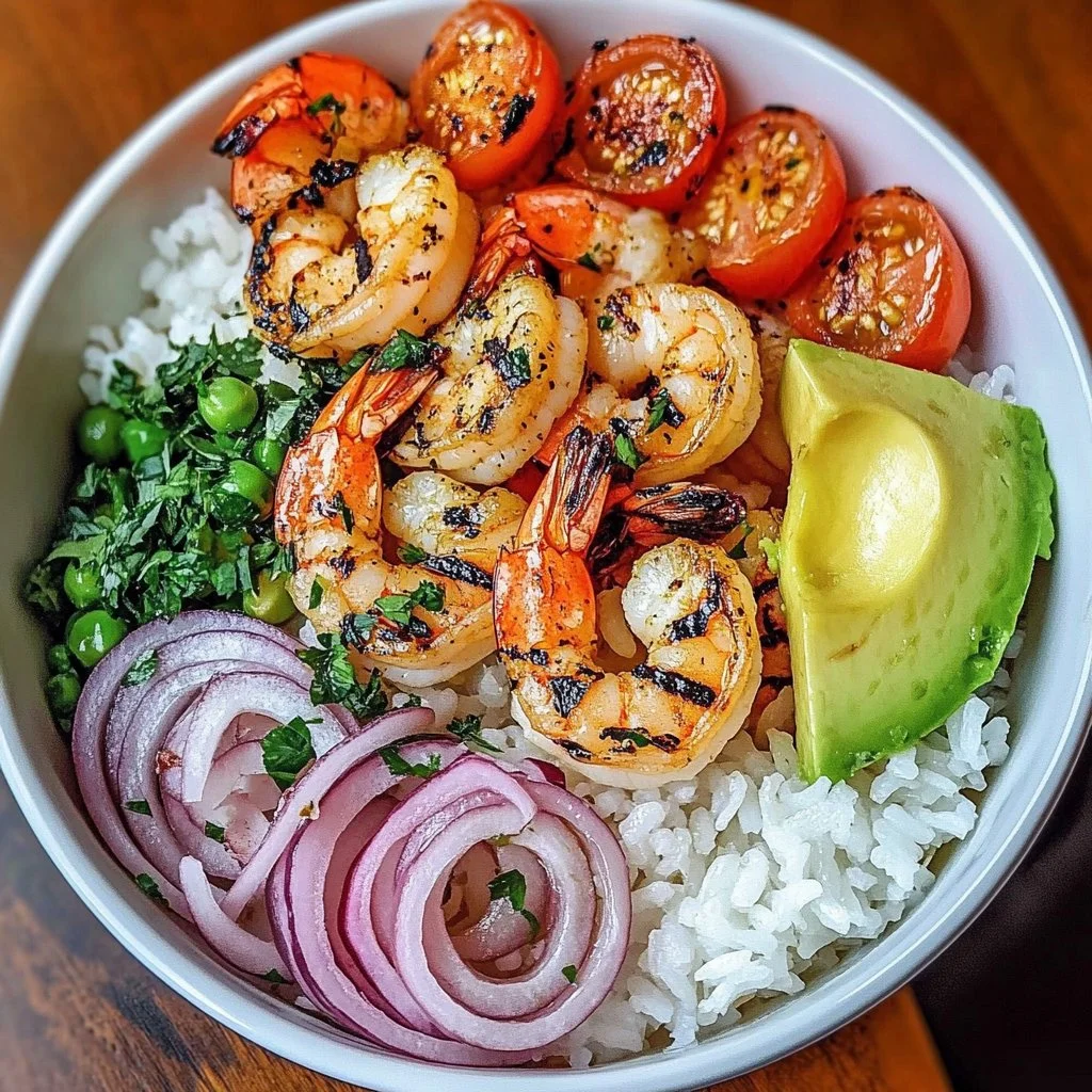 Zesty shrimp avocado rice bowls with cilantro lime sauce in a bowl